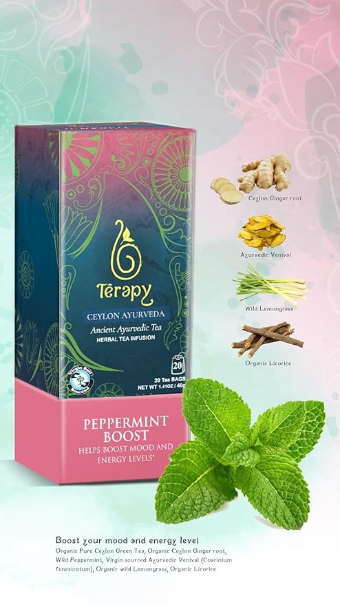 TERAPY Ceylon Peppermint Tea - Boosts Well-being & Energy Levels, 100% Pure Peppermint Tea Bags, Low Caffeine, Refreshing Herbal Flavor, 20 Individually Wrapped Unbleached Bags for Freshness (1 Pack)