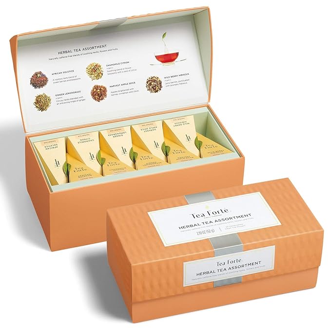 Tea Forte Premium Presentation Box Gift Set Sampler, 20 Count, Assorted Blends Individually Wrapped Handcrafted Pyramid Infuser Bags, Gifts for Mom, Herbal Tea
