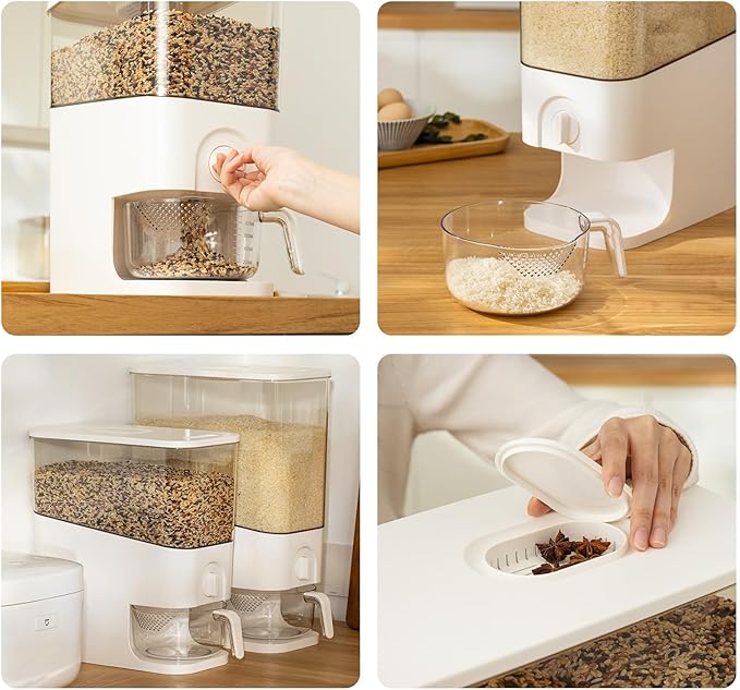 22-25lbs Rice Dispenser, 10.5 Qt/10L/25 lbs Grain Storage Container with Measuring Cup Cereal Dispenser Cereal Bucket for Kitchen Pantry Organization