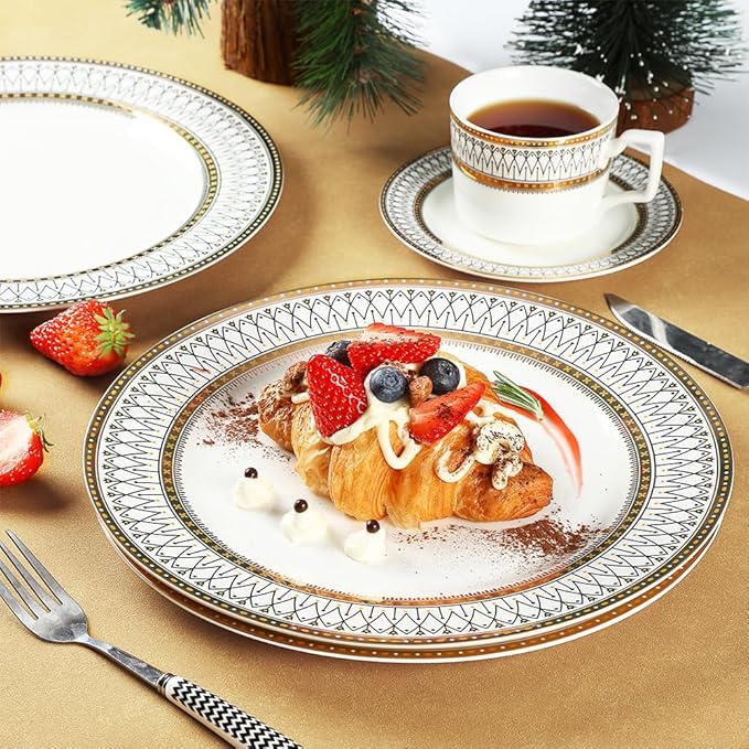 YEWUDHOM Porcelain Plates,Ceramic Dinner Plates Set of 4,Plate Set for 4 Dinning Kitchen,Golden Thread Pattern Steak Salad Plate Set for Home Restaurant Utensils,10.5" Large,White and Gold