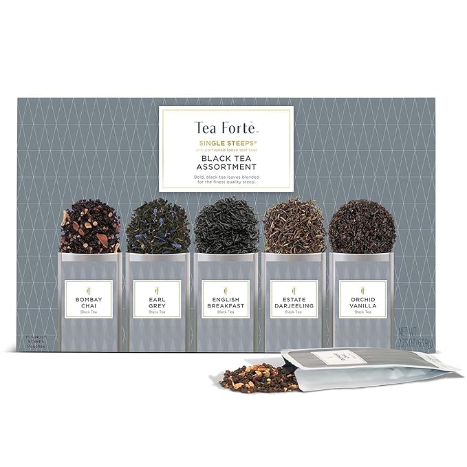 Tea Forte Single Steeps Loose Leaf Tea Sampler, Assorted Variety Tea Box, 15 Single Serve Pouches, Gifts for Mom, Black Tea