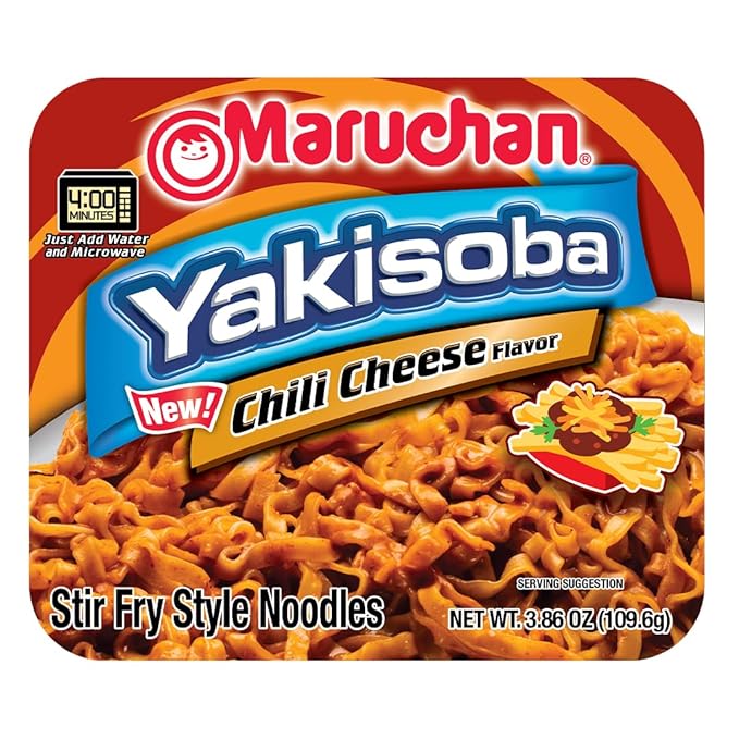 Maruchan Yakisoba, Chili Cheese Flavor – Stir-Fried Japanese Instant Ramen Noodles, High Protein Microwavable Meal – 3.86 Oz. (8 Pack)