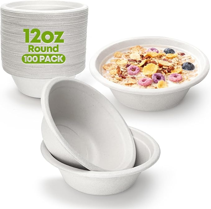 TaidMiao Paper Bowls Disposable - 100 Pack 12 oz Compostable & Biodegradable Bowls; Heavy Duty Sugarcane Fiber Bowls, Microwave Safe; Ideal for Soup, Salads, Pasta & Ice Cream