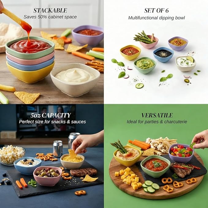 Wrova Dipping Bowls Set of 6, Soy Sauce Dish Wheat Straw Bowls 5oz, Small Plastic Ramekins for Side Dishes,Condiment,Ketchup, Unbreakable Sauce Bowls Microwave Safe Dip Bowls for Parties- Colorful