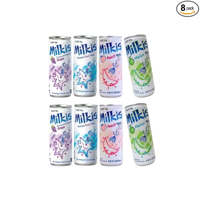Milkis AYCE 8 Flavors Mixed K-Drink - Original/Strawberry/Melon/Apple/Banana/Peach/Grape/BananaStrawberry (8 Cans, Combo(O2/P2/M2/G2))