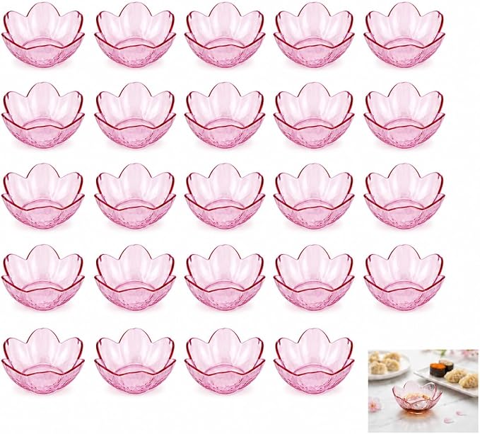 Sakura Sauce Dishes Set, 3.34x1.37 inch Plastic Cherry Blossom Dipping Bowls, 24 Pcs Small Condiment Dishes for Soy Sauce, Sushi, Snacks, and Party Appetizers (Pink)