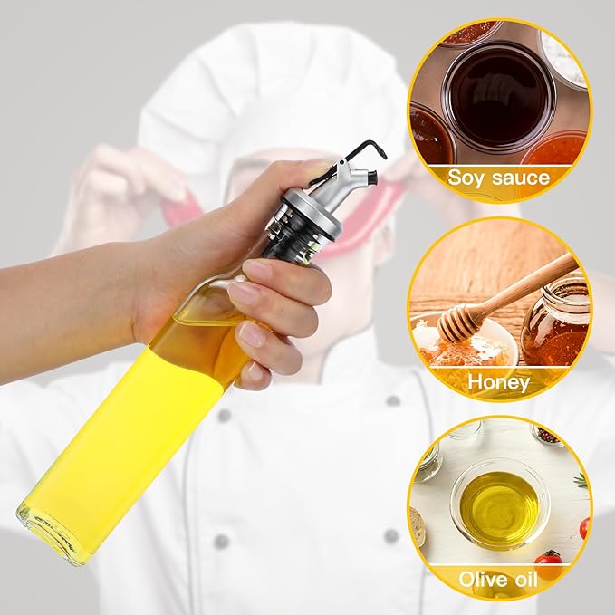 Hushee 15 Pcs Clear Glass Olive Oil Dispenser Bottles Sets Include 8oz Glass Bottle with Spout Oil Vinegar Cruet Container for Kitchen Stainless Steel Funnel Black Labels with White Pen(Silver)