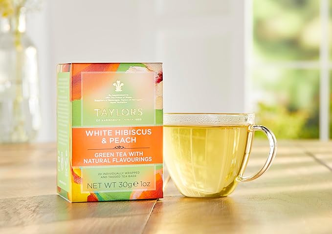 Taylors of Harrogate White Hibiscus & Peach, Green Tea Individually Wrapped Bags, 20 Count, Delicate, Fruity and Sweet, Caffeinated, Enjoy Hot or Iced, 20 Teabags (Pack of 2)