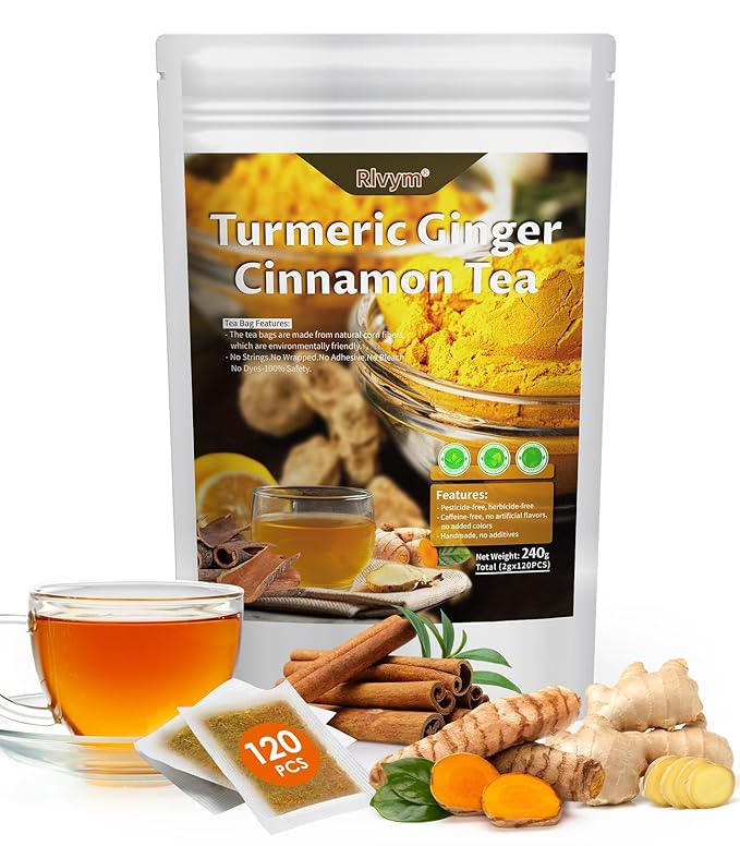 120 Bags Turmeric Ginger Cinnamon Tea, Natural Turmeric Herbal Tea, Improve Digestion, Support Skin, Sleep, Eco-Conscious Teabags, No Sugar, No Caffeine, No Gluten(120pcs, 240g)