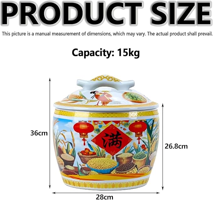 Home airtight Ceramic kitchen Storage Jar, Large Capacity Food Storage Jar, Rice Storage Container With lid, Grain & Rice Dispenser, for Flour, Sugar, Cereal, Coffee.(15KG)