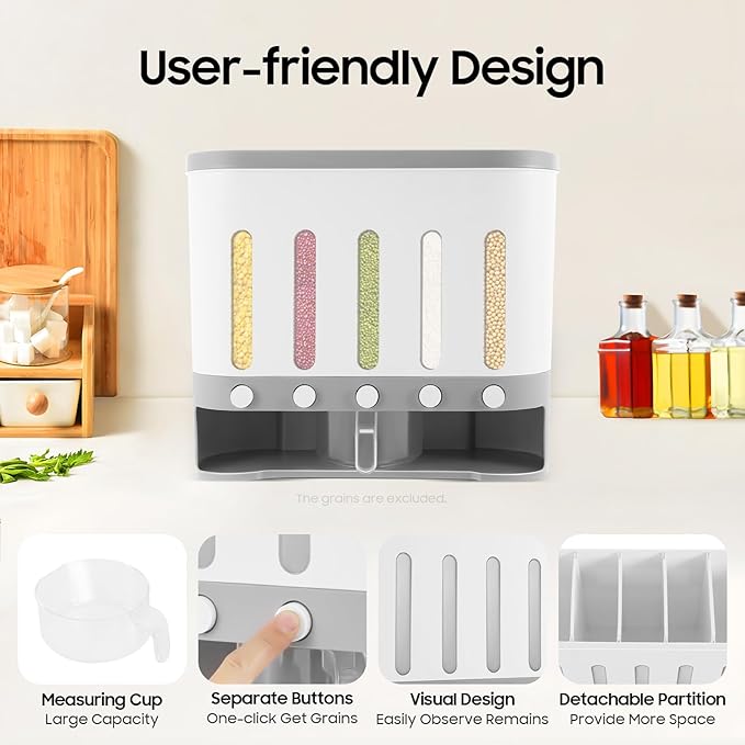 23 Pounds Dry Food Dispenser Wall Mount Dry Food Dispenser, 5 Grid Countertop Rice Coffee Bean Dispenser Wall Cereal Dispenser Storage Containers for Kitchen
