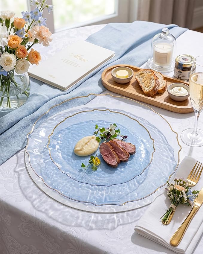 bUCLA 40PCS Clear Blue Plastic Plates - Hammered Disposable Plates with Gold Lace-Edge - Include 20 Each (10inch Dinner & 7inch Dessert) for Party, Birthday & Daily Use