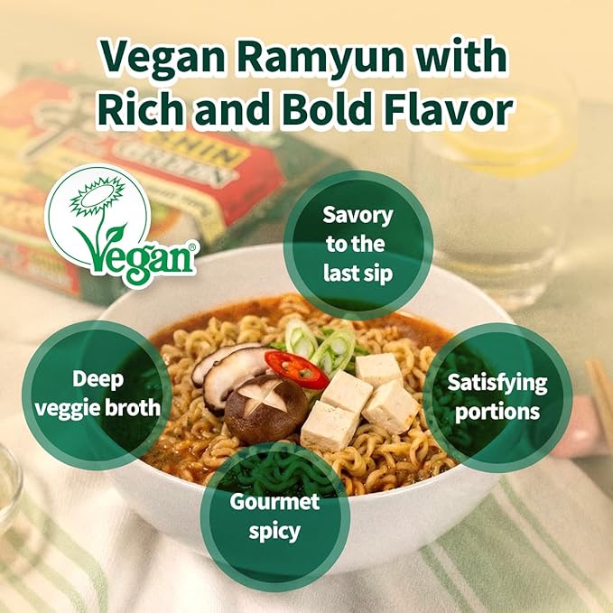 Nongshim Shin Ramyun Green Noodles, Vegan Spicy Korean Instant Ramyun, Mushroom & Fried Tofu Flavor, Bold Veggie Flavored Broth, Quick & Easy, Pantry Essential, Microwaveable, 4.4 oz (Pack of 4)