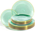 Lullaby 60pcs Green Plastic Plates with Gold Rim, Includes 30pcs Dinner Plate 10'' and 30pcs Clear Dessert Plate 7'', Green Disposable Plastic Plates for Parties, Birthdays and Wedding