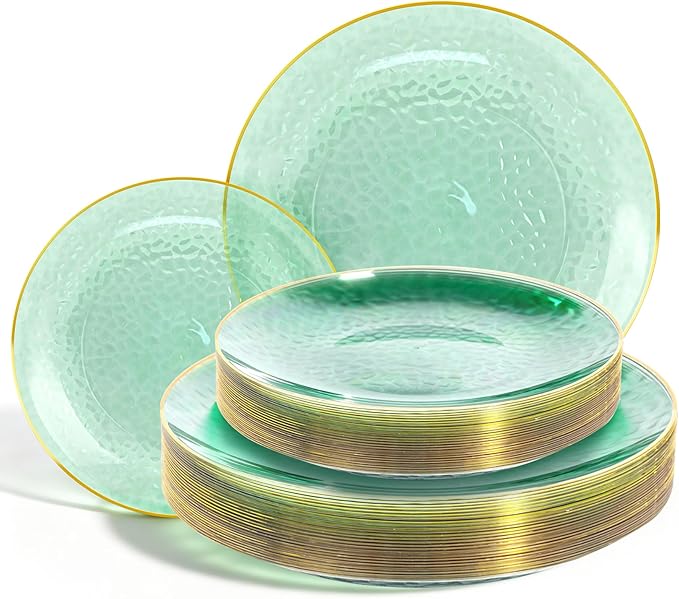 Lullaby 60pcs Green Plastic Plates with Gold Rim, Includes 30pcs Dinner Plate 10'' and 30pcs Clear Dessert Plate 7'', Green Disposable Plastic Plates for Parties, Birthdays and Wedding