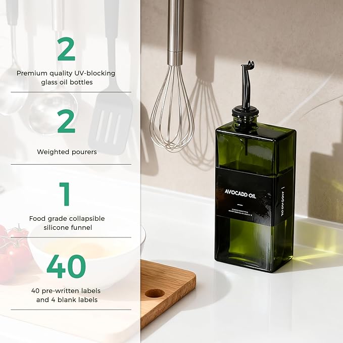 WISIMMALL Olive Oil Dispenser Bottle For Kitchen, 17OZ UV-Blocking Oil And Vinegar Dispenser Set Of 2, Soy Sauce Cooking Oil Dispenser with 2 Stainless Steel Pourers & 44 Labels