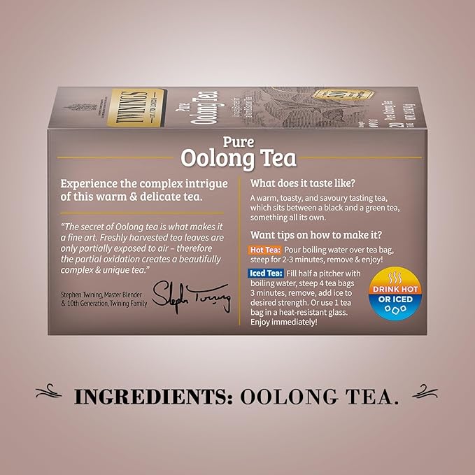 Twinings Pure Oolong Tea 2-Pack – Golden Caffeinated Tea, Individually Wrapped Tea Bags, 20 Count Each