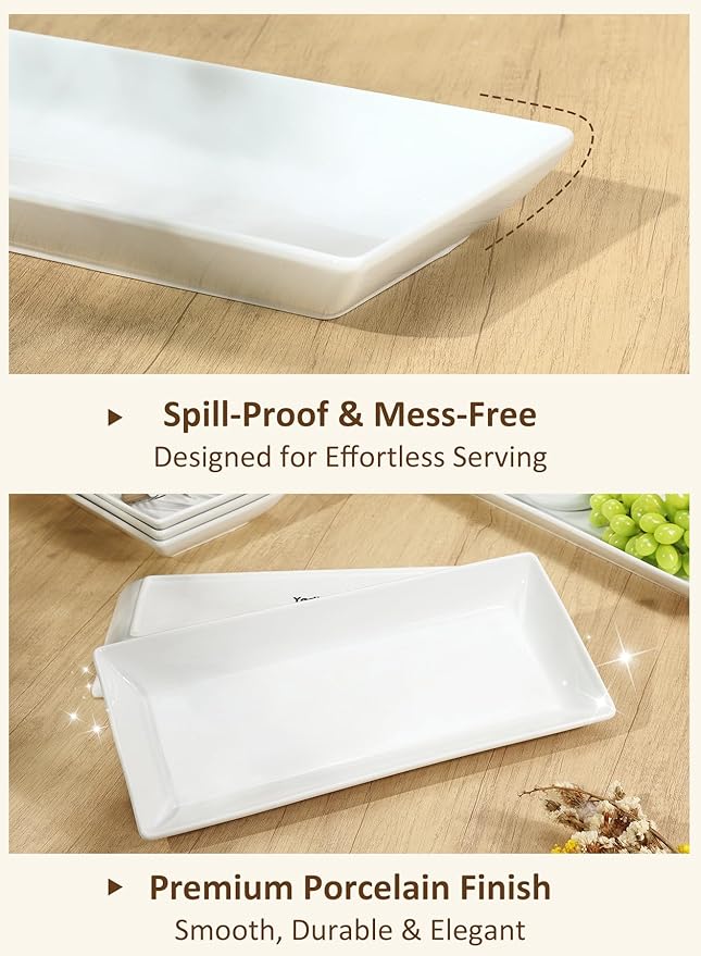14” White Porcelain Serving Platters, Elegant Large Rectangular Plates Trays for Dinner Parties, Appetizers, Sushi, Desserts & More, Microwave & Dishwasher Safe, Set of 4