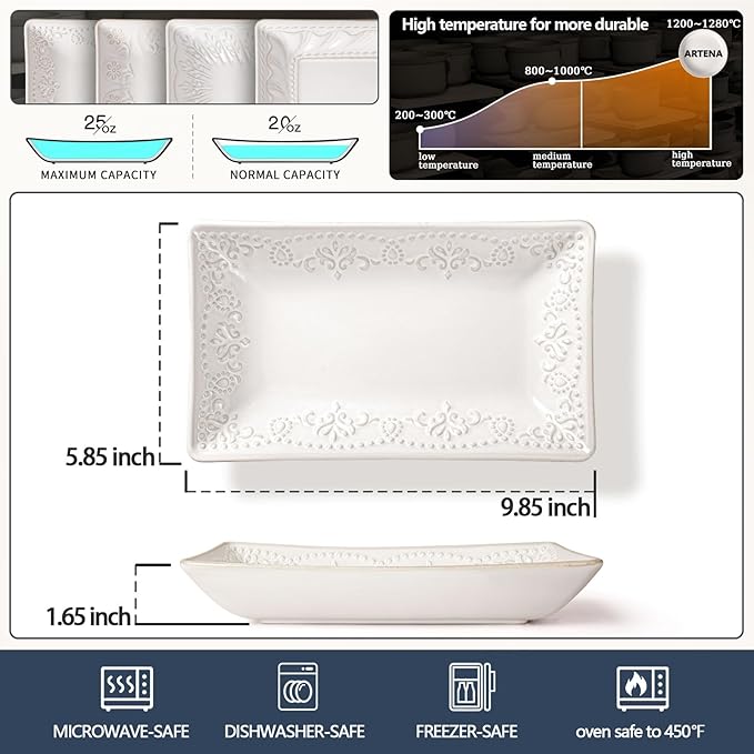 Artena 9.85" Ceramic Rectangle Plates Set of 4 - Deep Lipped Edges, Appetizer Salad Sushi Pasta Dessert Plates, Microwave/Oven Safe, Cute Kitchen Dinner Restaurant Serving Dishes (Damask Floral)