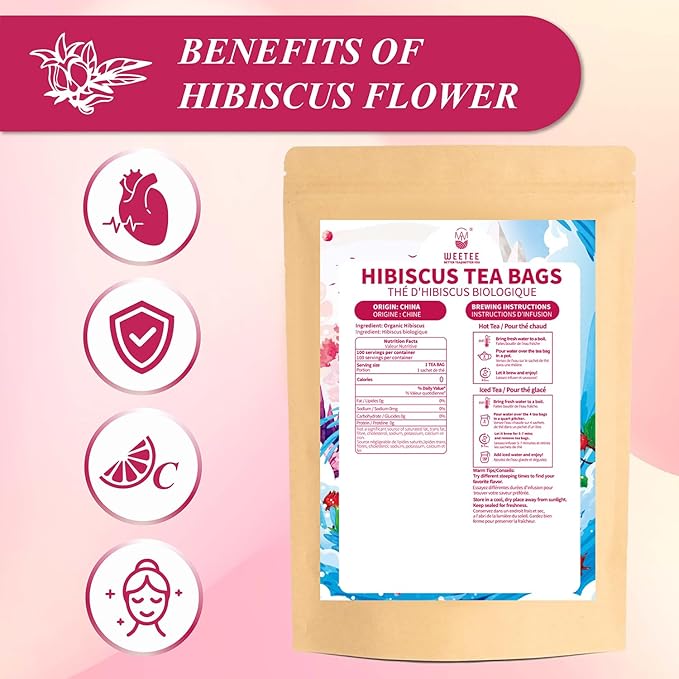 WT WEETEE Organic Hibiscus Tea Bags 100 Count, Caffeine-Free Herbal Tea for Hot & Cold Brew, 100% Pure Hibiscus Flowers, Balanced Tartness, Refreshing Iced Tea
