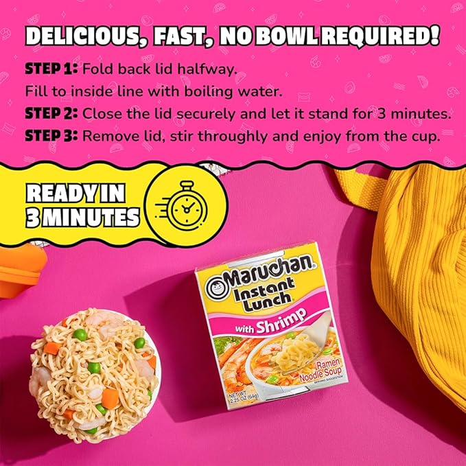 Maruchan Instant Lunch Ramen Noodles, Shrimp Flavor – Japanese-Style Instant Noodle Soup, Easy Meal Ready in 3 Minutes – 2.25 Oz. (12 Pack)