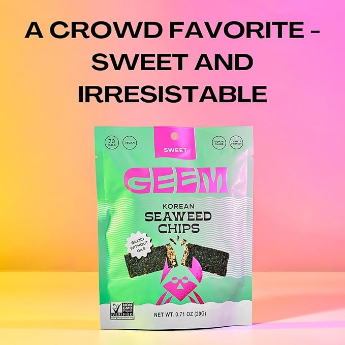 GEEM Seaweed Snacks – Korean Seaweed Chips with Rice Crisps & Sesame | Crunchy, Oil-Free Snack | Vegan, Non-GMO | Great for Kids & Adults | Sweet 4-Pack
