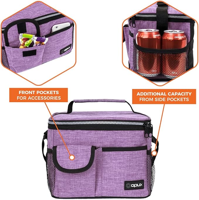 opux Insulated Lunch Box for Men Women Kids, Leakproof Reusable Lunch Bag Cooler for Work School Office, Soft Thermal Lunchbox Tote Shoulder Strap for Boys Girls Adults, Heather Purple, 14 Can/8L