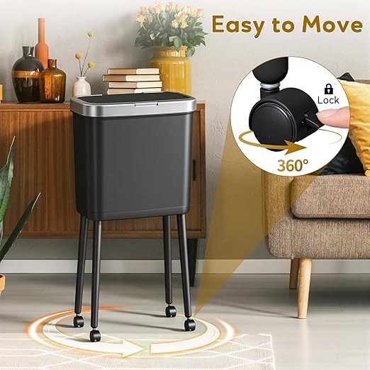 Procade Slim Kitchen Garbage Cans with Legs and Wheels,4Gallons Capacity Narrow Bathroom Wastebasket with Pop-Up Lid,Covered Black Office TrashCans for Near Desk,Plastic Trash Can for Bedroom,Dorm
