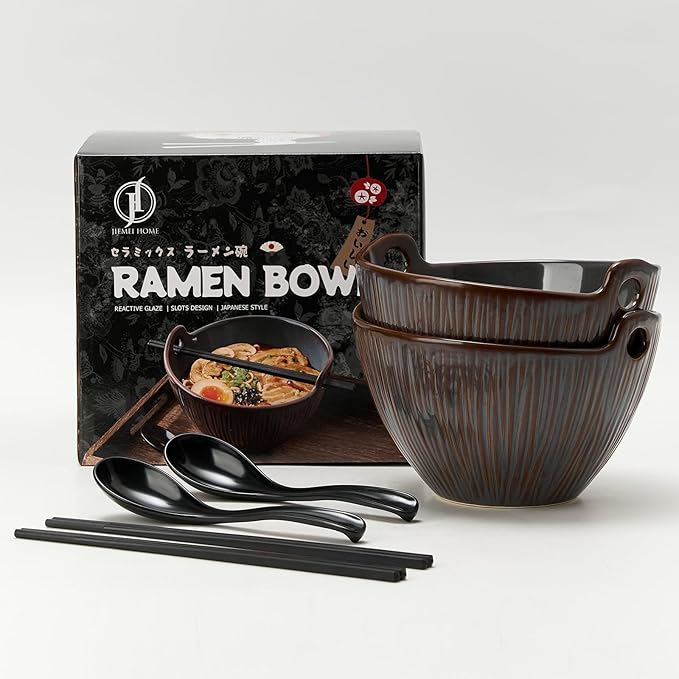 Ramen Bowl with Chopsticks and Spoons Set, 7 Inch Ceramic Noodle Bowl Set of 2, Dishwasher Safe for Pho Udon Soba Noodle Salad Pasta, Special Reactive Glazed Bowls Set, Amethyst Veil