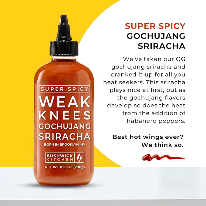 Weak Knees Super Spicy Gochujang Sriracha Hot Sauce - Bold Korean Gochujang Paste with Habanero Heat for Wings, Tacos & Marinades - Made in the USA - 10.5oz Squeeze Bottle