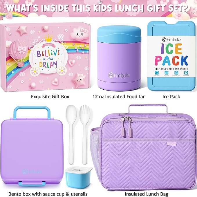 Fimibuke Kids Bento Snack Lunch Box with 4 Compartment, Insulated Lunch Bag, Stainless Steel Vacuum Thermo Food Jar, Ice Pack, Utensils Set, Birthday Gifts for Age 3-12 Back to School Toddler Girl Boy