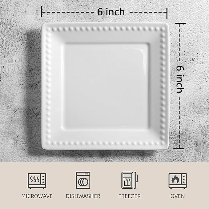 Embossed Ceramic Appetizer & Dessert Plates - Set of 6, 6 inch White Square Dinner Plates for Snack & Restaurant, Dishwasher & Microwave Safe