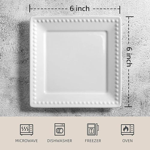 Embossed Ceramic Appetizer & Dessert Plates - Set of 6, 6 inch White Square Dinner Plates for Snack & Restaurant, Dishwasher & Microwave Safe
