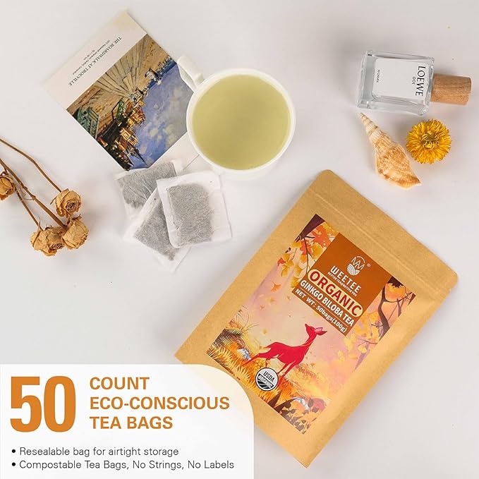 WT WEETEE Organic Ginkgo Biloba Tea Bags, Made with Pure Organic Ginkgo Leaf, 50 Naturally Caffeine-free Herbal Tea Bags, Rich in Antioxidants