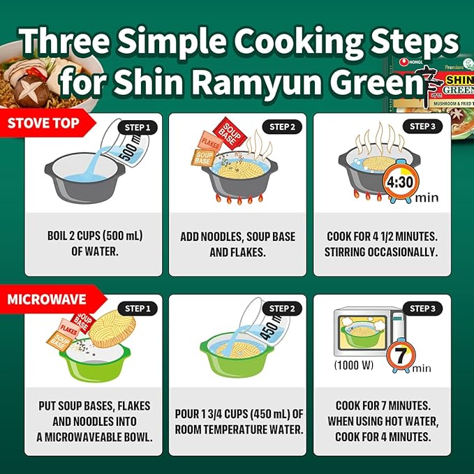 Nongshim Shin Ramyun Green Noodles, Vegan Spicy Korean Instant Ramyun, Mushroom & Fried Tofu Flavor, Bold Veggie Flavored Broth, Quick & Easy, Pantry Essential, Microwaveable, 4.4 oz (Pack of 4)