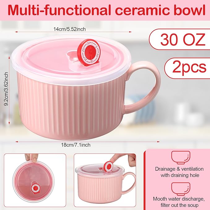 Nuenen 2 Pcs Soup Bowls with Lids and Handles 30 oz Microwave Safe Ceramic Soup Mug Microwavable Ramen Containers with Lids Large Colorful Cups for Noodle Cereal kitchen(Baby Blue, Pink)