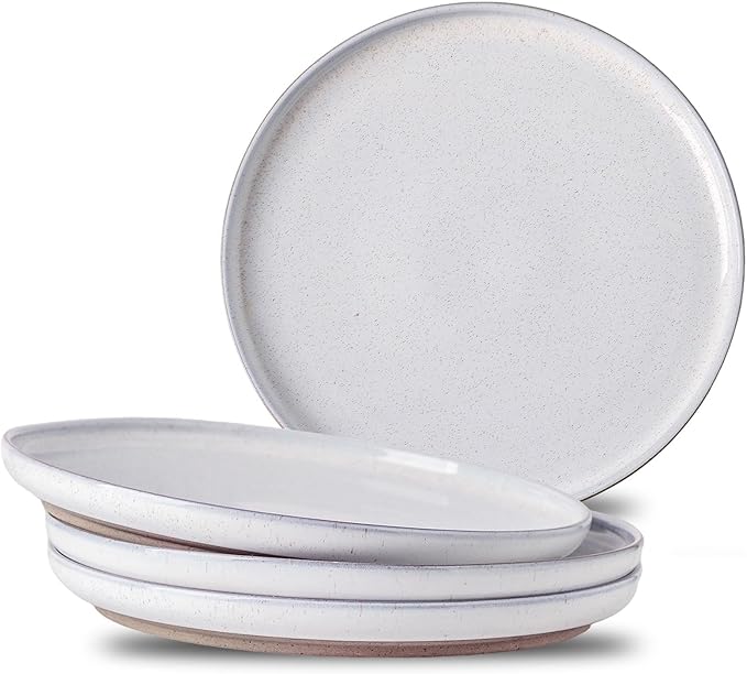 Ceramic Dinner Plates Set of 4 with High Edges, 10 Inch Glacier White Plates for Salad, Pasta and Steak, Oven＆Dishwasher Safe, Stoneware Plates with Matte Terracotta Base, Porcelain,Scratch Resistant