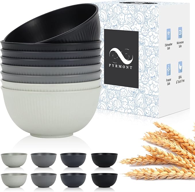 PYRMONT Unbreakable Cereal Bowl 26 OZ Wheat Straw Bowls Set of 8 Alternative Plastic Bowls Reusable Dishwasher & Microwave Safe Breakfast Bowls for Party Kitchen Bowls for Soup,Dinner-Black to Grey