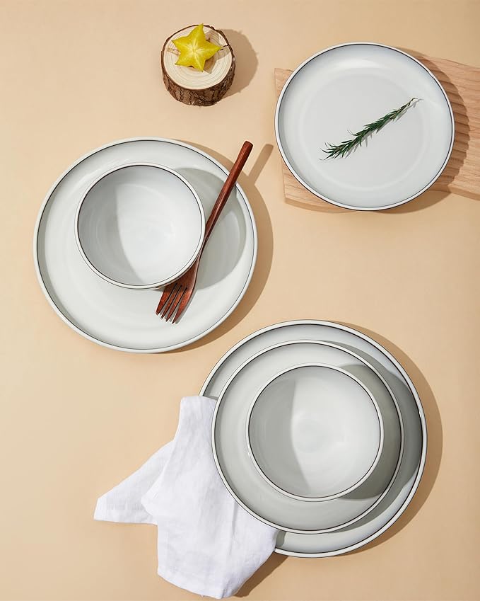 Pokini 16 Piece Double Bowl Dinnerware Sets with Pasta Bowls, Highly Chip and Crack Resistant Plates and Bowls Sets, Natural Earthyware Ceramic Dishware Sets, Service for 4 Moonstone White