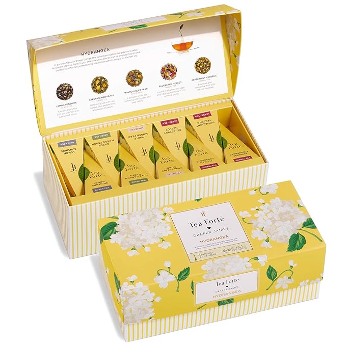 Tea Forte Premium Presentation Box Gift Set Sampler, 20 Count, Assorted Blends Individually Wrapped Handcrafted Pyramid Infuser Bags, Gifts for Mom, Hydrangea