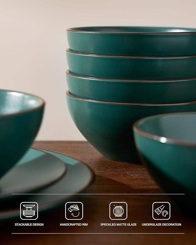 Famiware Venus 24-Piece Stoneware Dinnerware Sets with Mugs, Plates, Bowls, Service for 6, Matte Dark Green - Modern Ceramic Chip‑Resistant Dishes for Everyday & Formal, Microwave & Dishwasher Safe