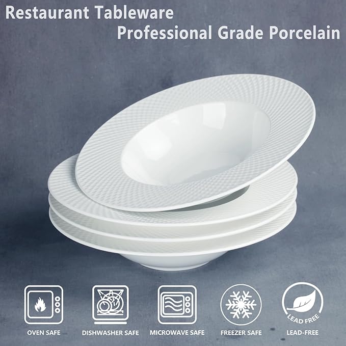 Ceramics Rimmed Soup Bowls 10.1 oz, White 9.1 inch Exquisite small soup plate Set of 4, Pasta plates With Rim is the best choice for hotels, kitchens, fine restaurants and gourmets