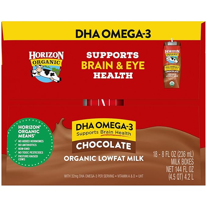 Horizon Organic Shelf Stable 1% Lowfat DHA Omega-3 Chocolate Milk Boxes, Pack of 18 - 8g Protein per Serving