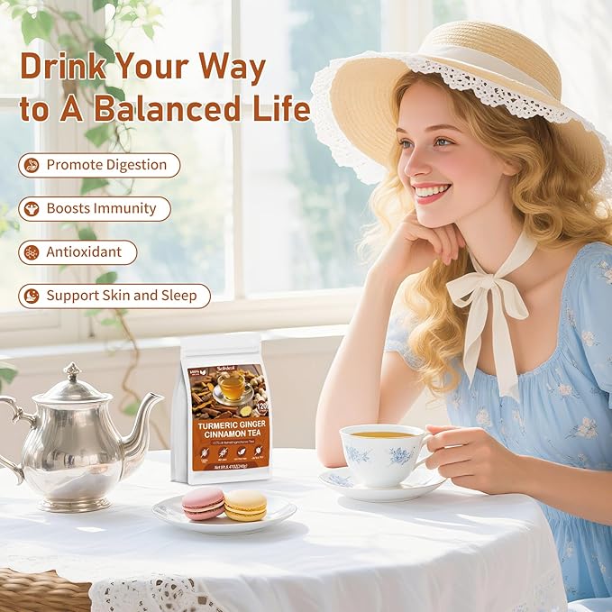 Turmeric Ginger Cinnamon Tea Bags, Pure Natural Ginger Turmeric Herbal Blend Tea with Cinnamon for Promoting Digestion, Boosts Immunity, Caffeine-Free, No Additives (60 Bags/1 Pack）