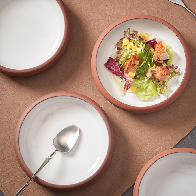 Uaral Japanese Salad Plate,Dinner Plates and Bowls Set,Stoneware Appetizer Plates with Rustic Terracotta Underside, Set of 4,5.5inch,14oz(Red and White)