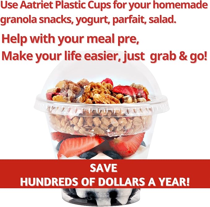 Aatriet 9 oz Clear Plastic Parfait Cups with Insert and Dome Lids No Hole - (50 Sets) Yogurt Fruit Parfait Cups for Kids, for Dips and Veggies, Take Away Breakfast and Snacks. No Leaking