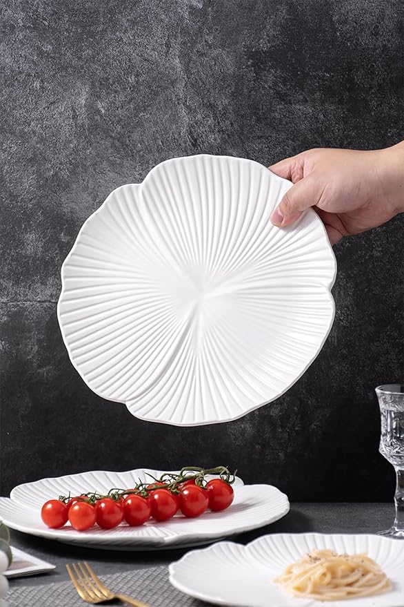 Jusalpha Set of 3-Japanese Style Flower Petal Shaped Porcelain Dinner Plates, Versatile Circular Serving Plates for Breakfast, Salad, Steak Dinner, PL019 (Flat plate, 10'', White)
