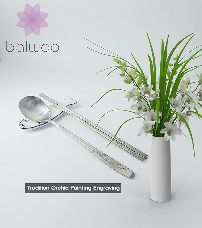 [1 Set] [Made in Korea] Orchid Design Korean Style Sticky Rice Spoon Chopsticks Set Silverware Set 304 Stainless Steel Cutlery Set Soup Spoon Ramen Chopsticks Flatware (1 Set)