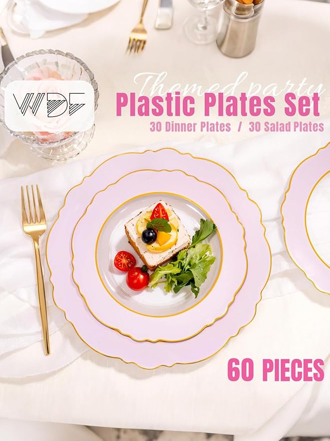 WDF 60Pcs Pink Plates Disposable with Gold Rim - Baroque Clear Pink and Gold Plastic Party Plates Ideal for Wedding/Baby Shower/Spring