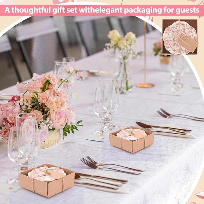 SiliFine 12 Pcs Wedding Favors for Guests Small Ceramic Bowl Bulk Gifts Set 3.3 Inch Floral Design Mini Dipping Sauce Dish with Card Box for Bridal Pooja Baby Shower Birthday (Flower,Pink)